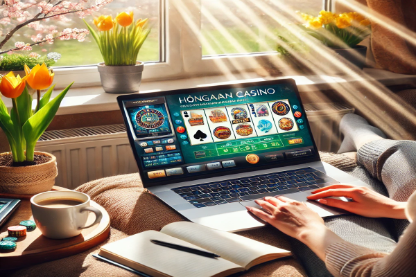 Otthonos, tavaszias hangulatú nappali, ahol egy személy kényelmesen ül a kanapén, és egy laptopon magyar online kaszinó játékot játszik. A képernyőn nyerőgépek és élő osztós játék láthatók, miközben a napfény besüt az ablakon.